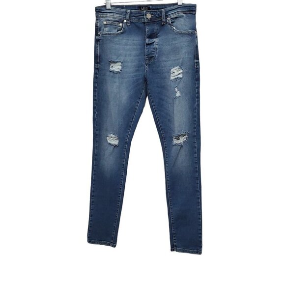 Man Boohoo Super Skinny Distressed Light Blue Jeans - Picture 1 of 13